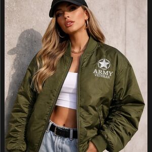 Army Veteran Bomber Jacket Green Embroidered Military Style Women’s XL Warm